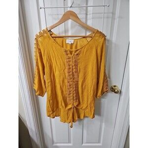 Fyve Mustard Yellow Gauze Boho Blouse with Crochet Lace Trim and Front Tie